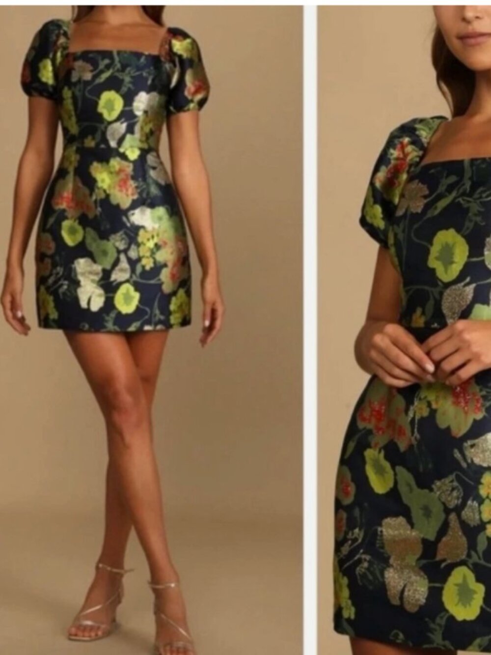 Lulus So Stunning Navy Blue Gold Floral Jacquard Puff Sleeve Mini Dress - Size M